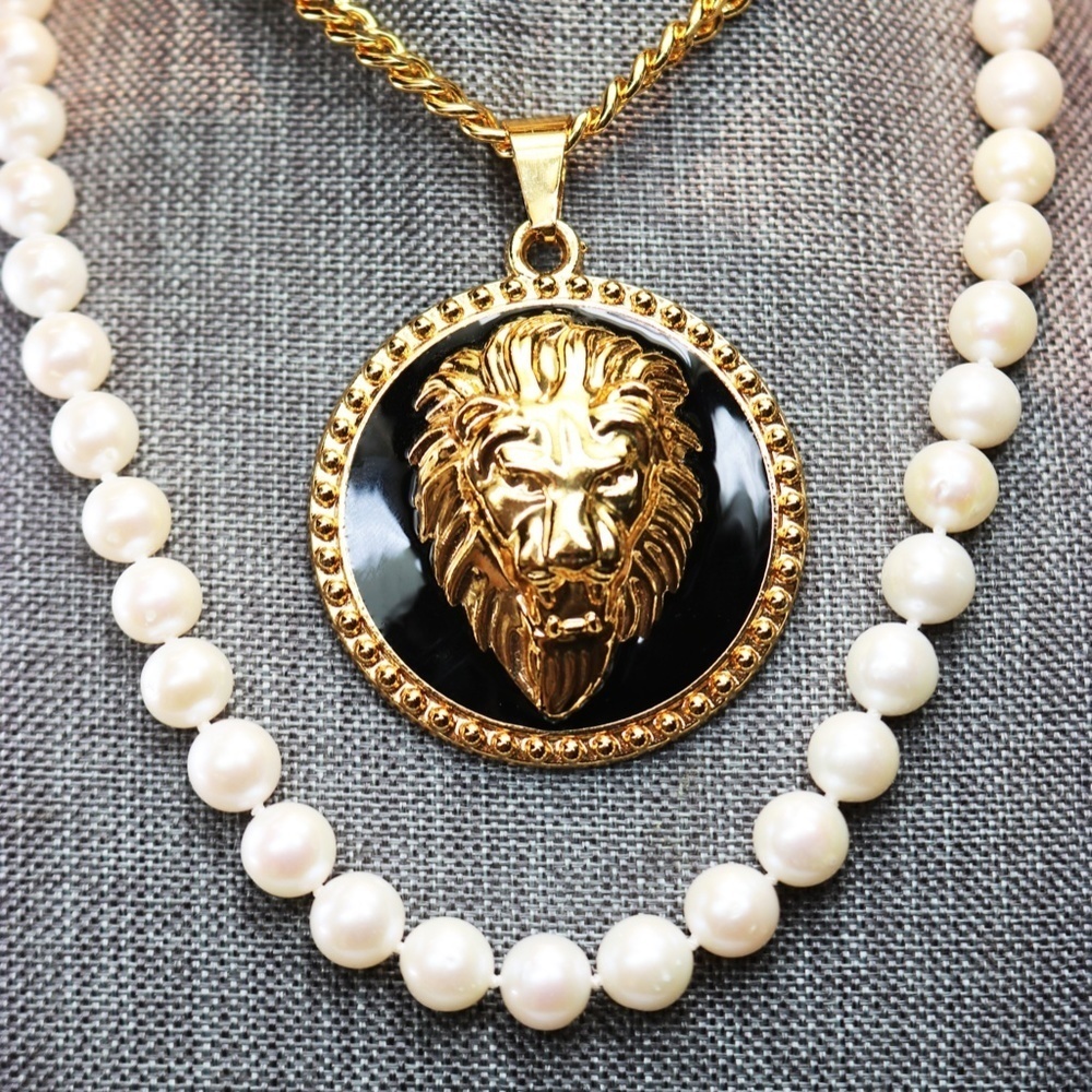Gold Lion's Head Necklace with Long Chain